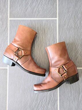 Vintage Mt. Shaw Brown Leather Biker Boots Saddle Strap Sid Zip Ankle Women's 7